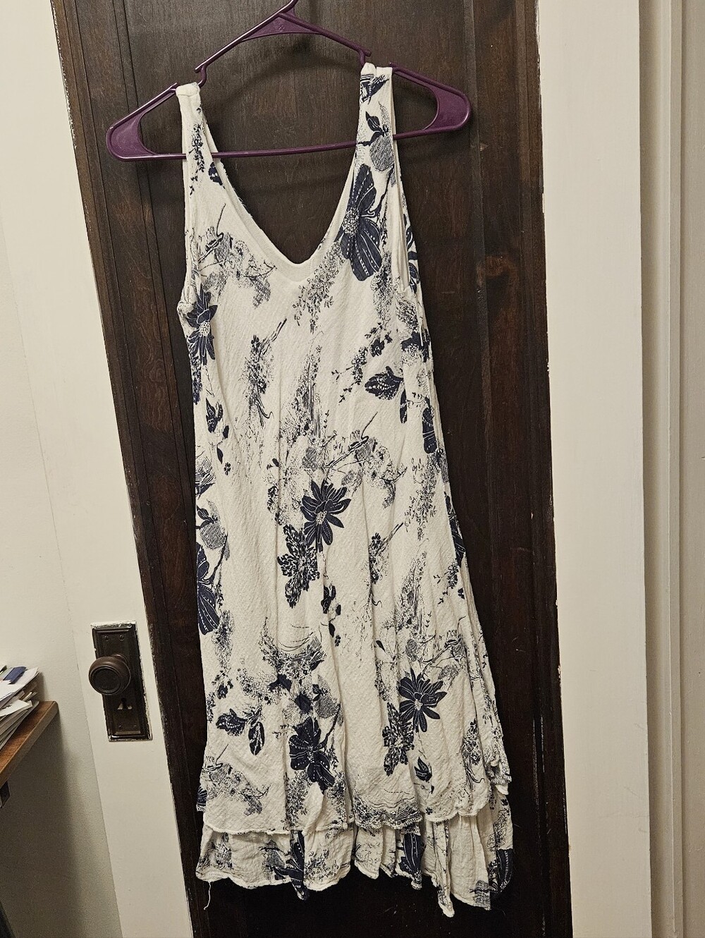 White & Navy Floral V-Neck Women's Sundress